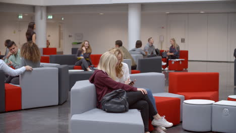 grupos de estudiantes socializando en el vestíbulo de una universidad