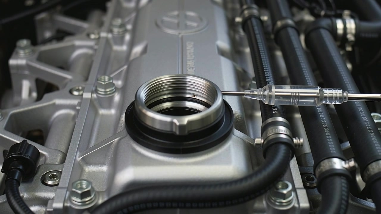 Inserting clear dipstick into valve cover filler throat at shop after off-frame push for oil access