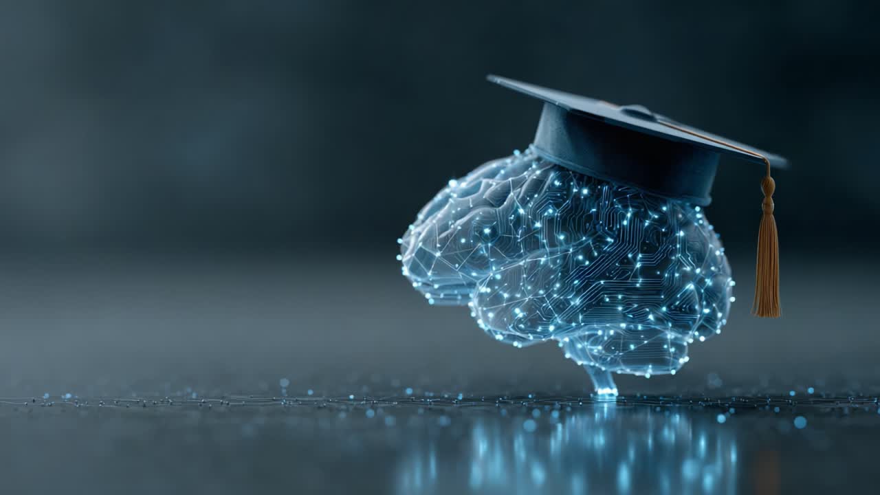 A Conceptual Representation of an Educated Brain with Graduation Cap, Merging Technology and Knowledge in the Digital Age, Symbolizing Innovation and Learning