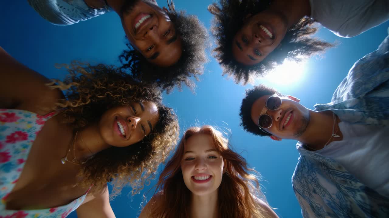 Group of Diverse Friends Smiling Together Under Blue Sky