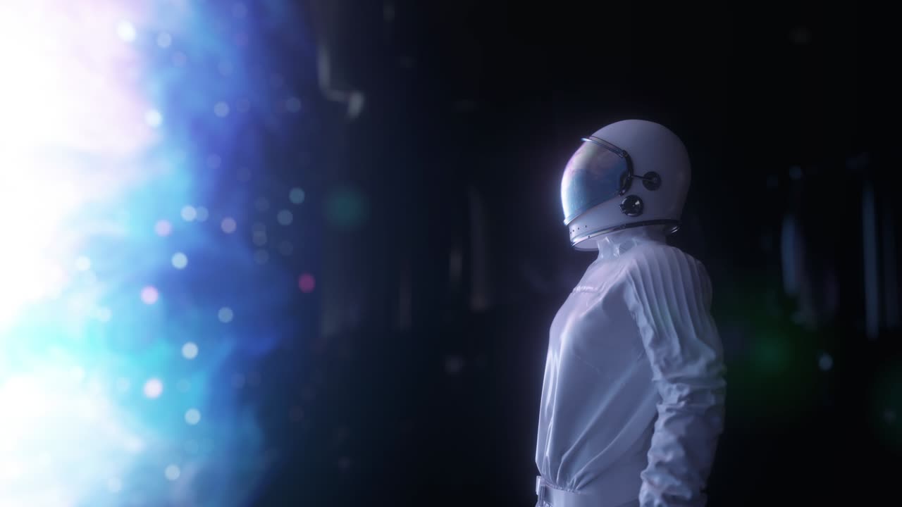 astronauta solo en la habitación de la nave espacial futurista