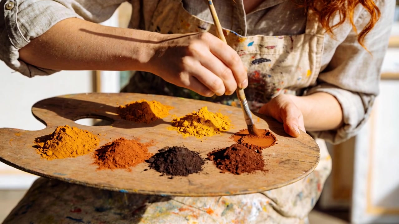 Lowering brush, artist in apron pressing, mixing pigment on palette in sunlit studio for canvas