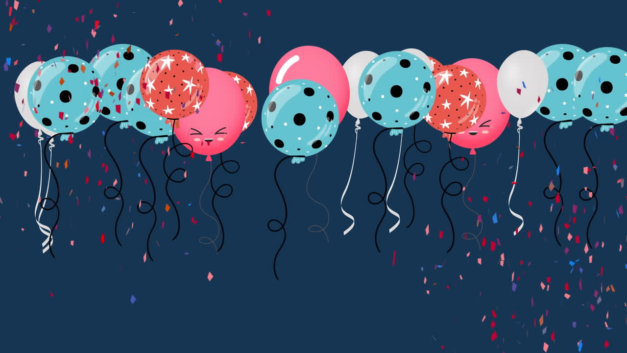 animación de globos coloridos que vuelan y caen confeti sobre un fondo azul