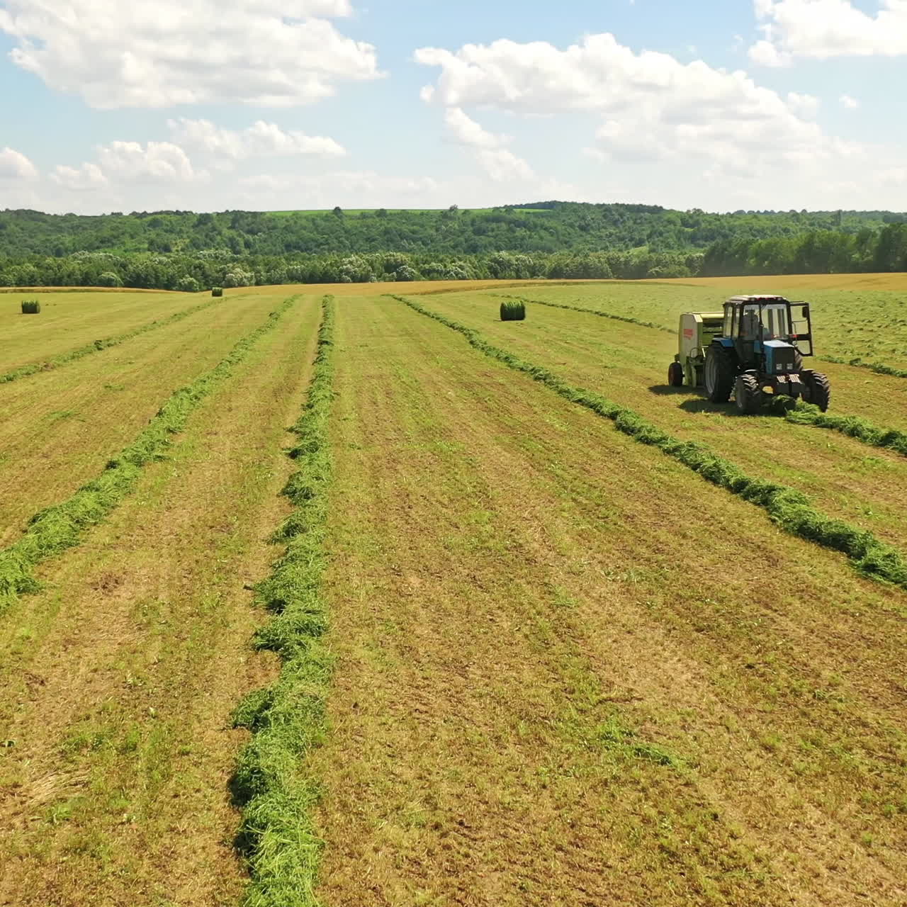 Low flight over the green field near tractor in summer. Agricultural tractor working on the grassland on the field in the countryside.