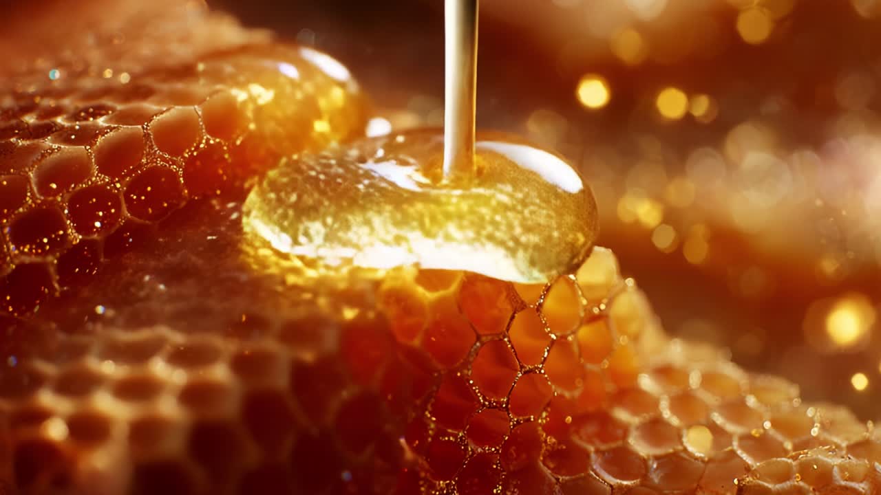 A stunning exploration of golden honeycomb structures showcasing intricate patterns, glistening textures, and reflections that create a mesmerizing visual delight in natural sweetness