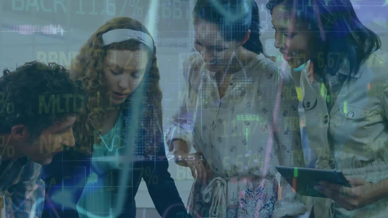 Animation of stock market data processing over team of diverse colleagues discussing at office