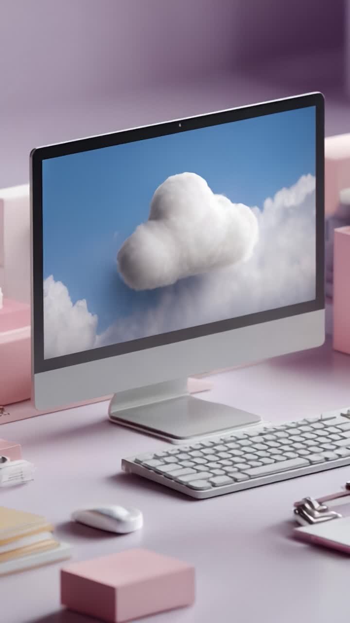 Ein ruhiger Arbeitsbereich mit einem Computerbildschirm, der eine weiche Wolke vor hellem Himmel widerspiegelt, umgeben von stilvollem Briefpapier und pastellfarbener Dekoration für eine einladende Atmosphäre