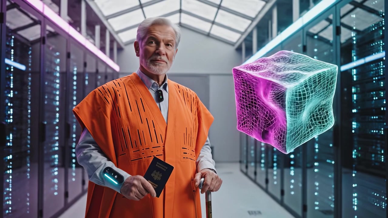Moudrý starý muž v oranžovém oděvu sebevědomě stojí s pasem a futuristickým zařízením ve vysoce technologickém datovém centru, představující pokročilou technologii a digitální umění.
