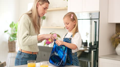 food, back to school and backpack with a mother