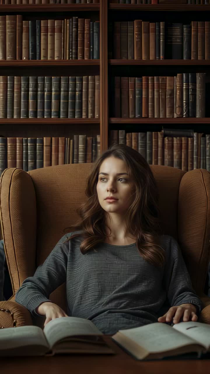 Pionowy film: dorosła kobieta w szarym topie przestaje czytać i przenosi wzrok w bibliotece, gdzie leżą otwarte książki