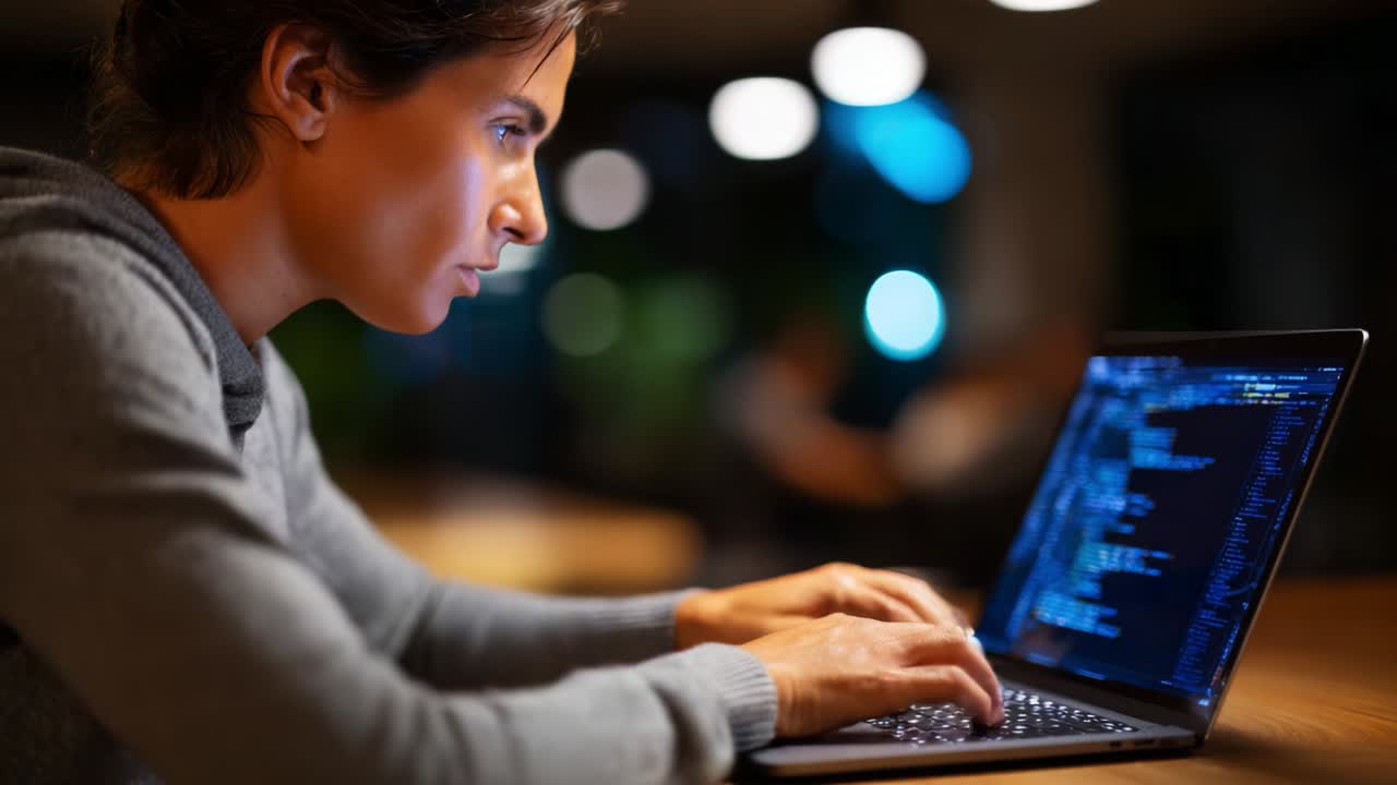 Focused Individual Engaged in Programming or Coding During Evening at a Well-Lit Workstation with Soft Lighting and Blurred Backgrounds, Displaying Intense Concentration and Creativity