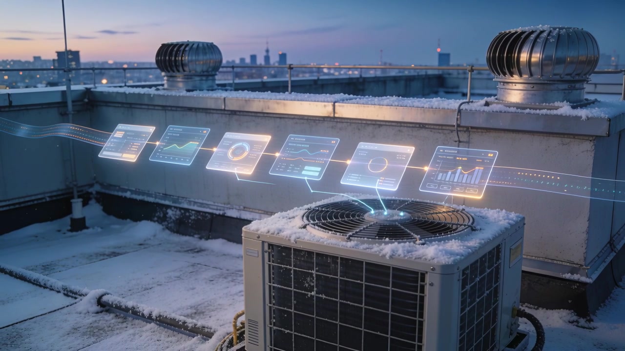 Starting diagnostics projecting holographic panels monitoring rooftop HVAC condenser, snowy dusk