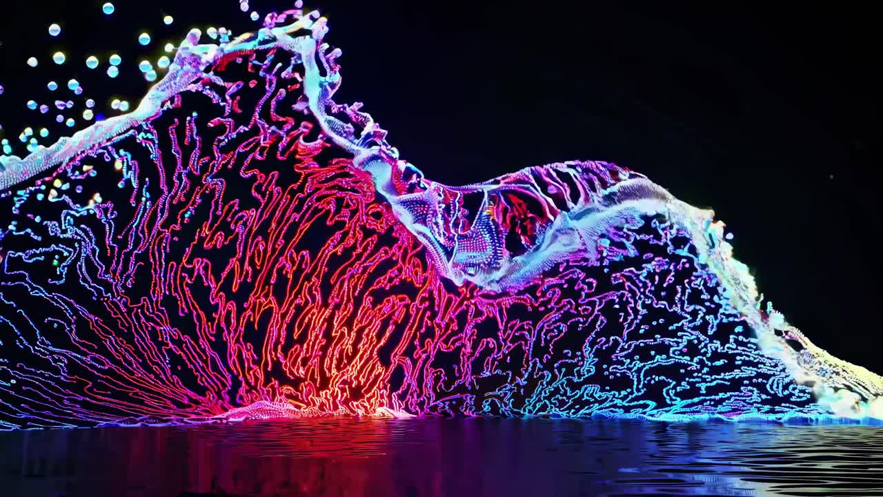 A dynamic, colorful wave of neon light patterns, captured from a low-angle, creating a futuristic