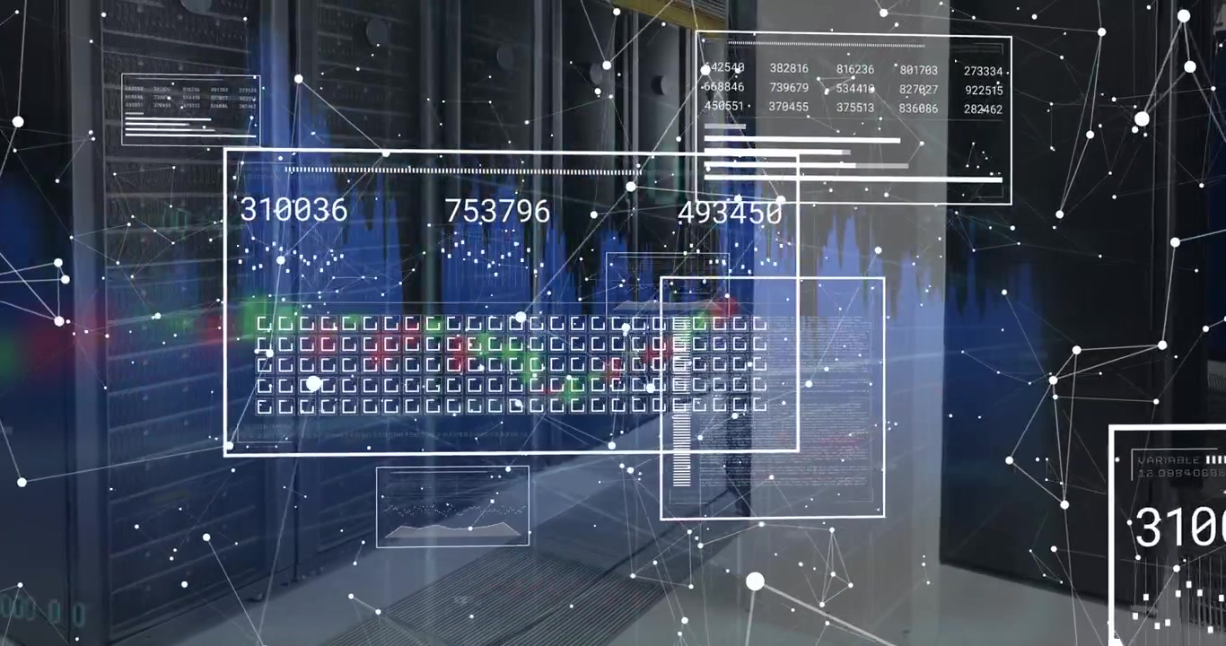 Animation of changing numbers, loading bars, squares, graphs, connected dots over server room