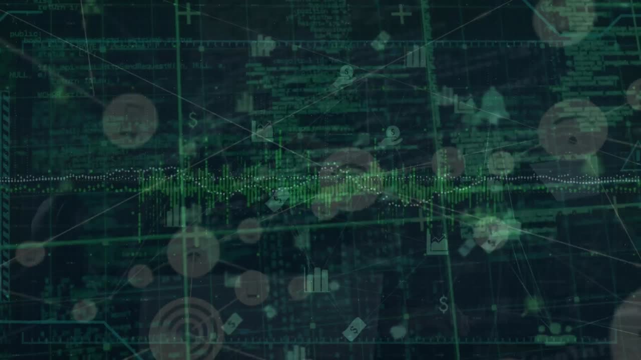 animación de conexiones e iconos sobre el espacio digital negro