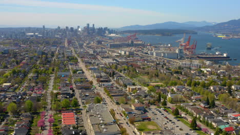 Wide-aerial-drone-view-flying-over-beautiful-Vancouver,-British-Columbia,-Canada