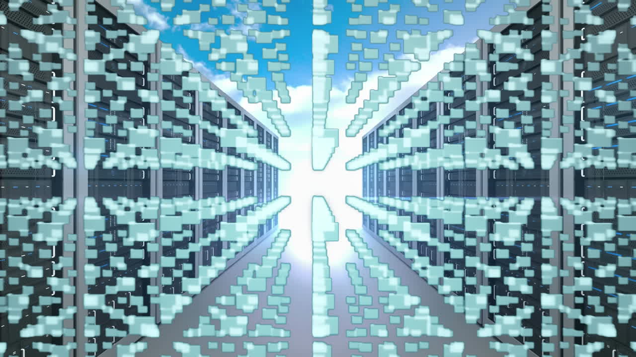 Lock icon and a corridor of server towers