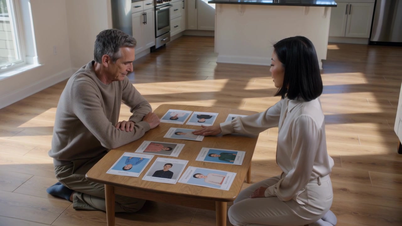 Reaching woman moving portraits on low table sunlit-kitchen, couple in blouse and sweater sorting