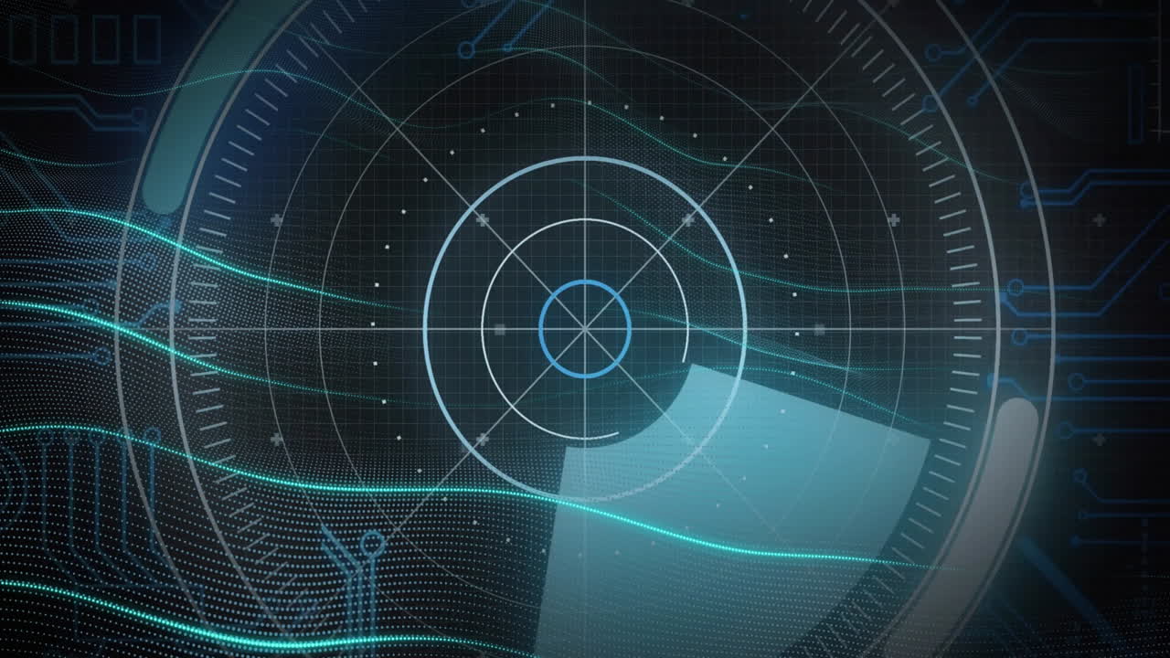 Scanning animation on digital grid, futuristic radar screen displaying in motion