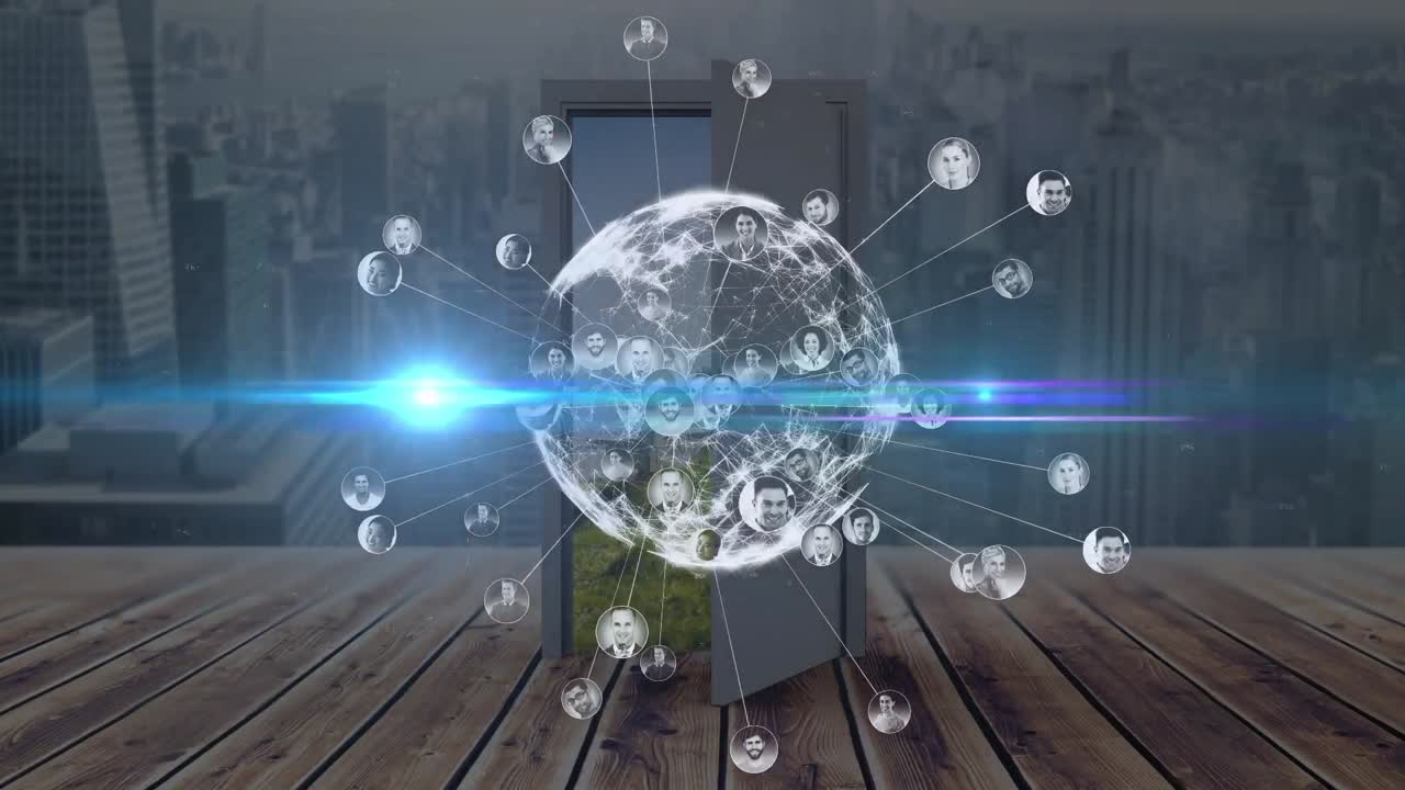 animación de senderos de luz y globo con personas diversas sobre el paisaje urbano