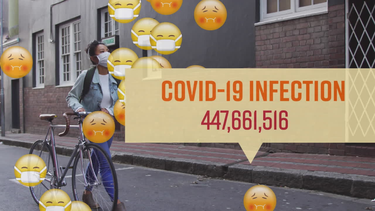 animación de una mujer con una máscara y una bicicleta en la calle sobre iconos y un discurso de burbuja