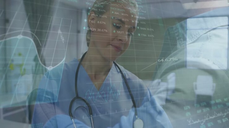 Un medico donna esamina una cartella gialla in una clinica sanitaria, mostrando sovrapposizioni di grafici semitrasparenti