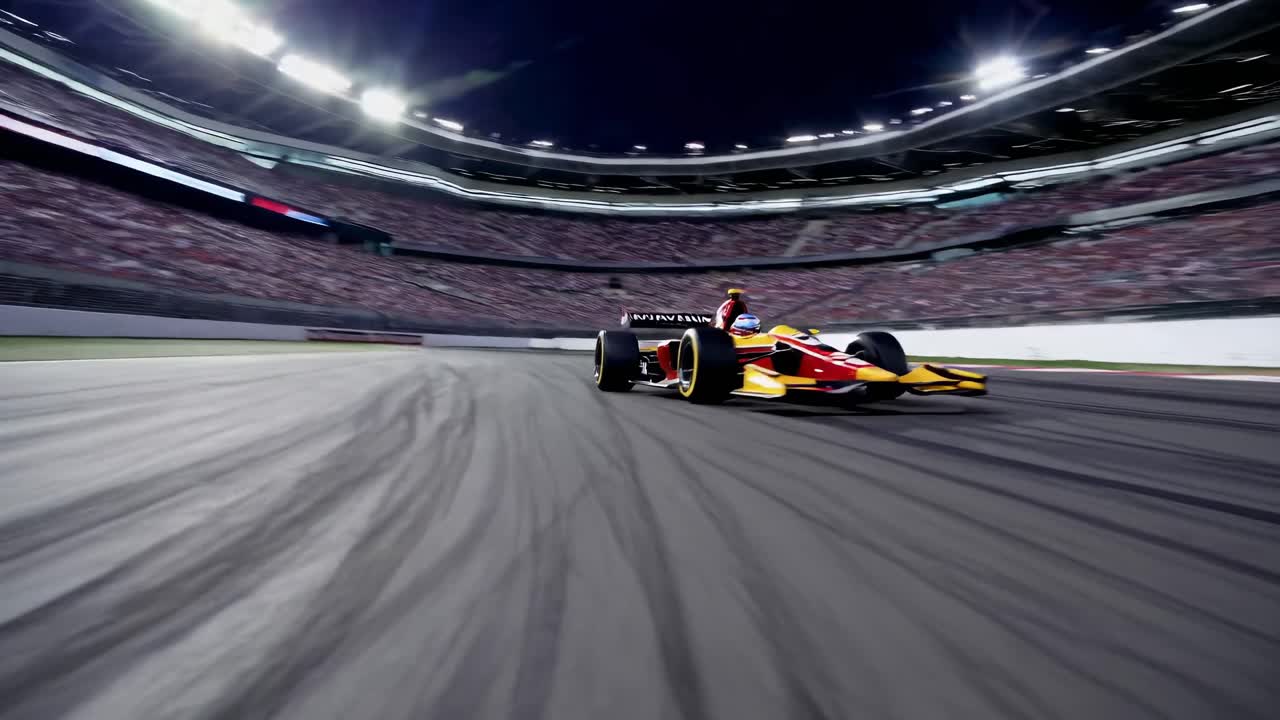 Power driven formula racing car speeding across racetrack. Generating intense sparks while navigating through nighttime and daytime crowd filled stadium with dynamic energy and motorsport excitement