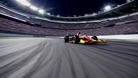 el coche de carreras de fórmula impulsado por el motor se apresura a través de la pista de carreras, generando chispas intensas mientras navega a través del estadio lleno de multitud nocturna y diurna con energía dinámica y emoción del automovilismo.