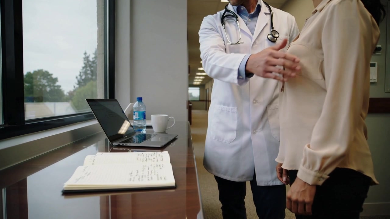 Médico de jaleco com estetoscópio colocando a mão, fazendo exame do tronco no balcão da clínica, com anotações no laptop e espaço para texto.