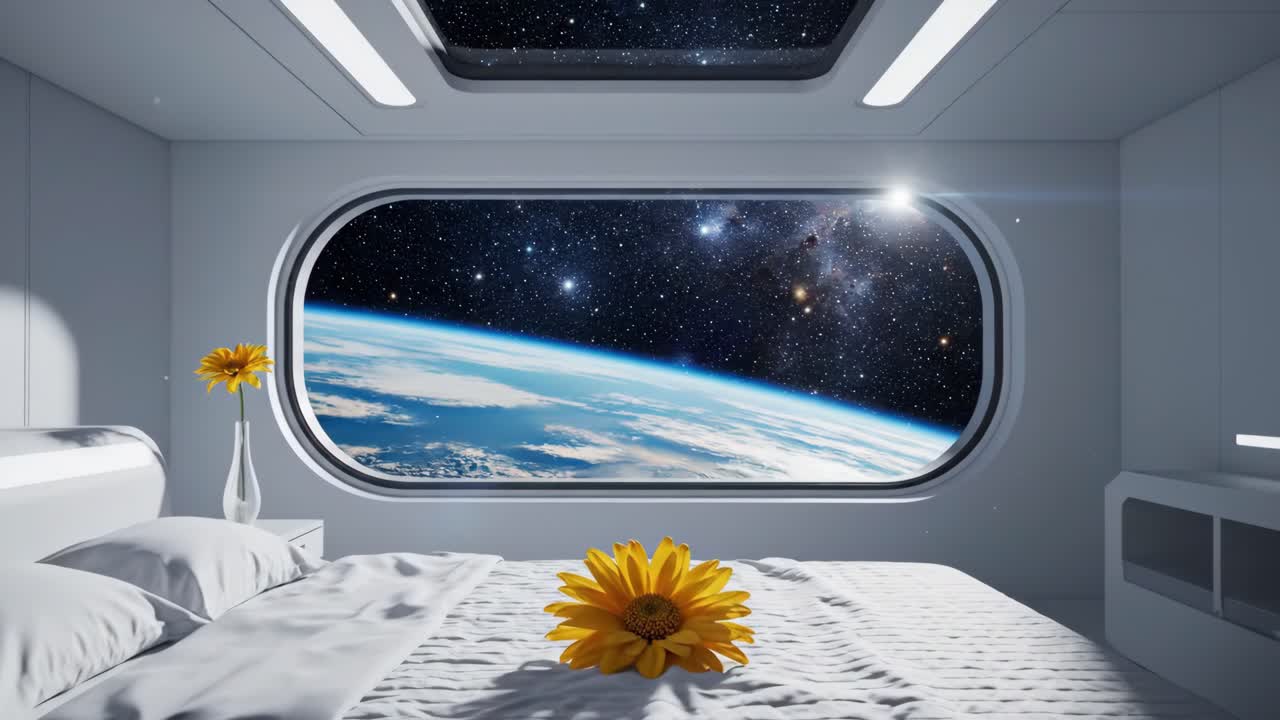 Futuristic Bedroom with a View of Earth and Space