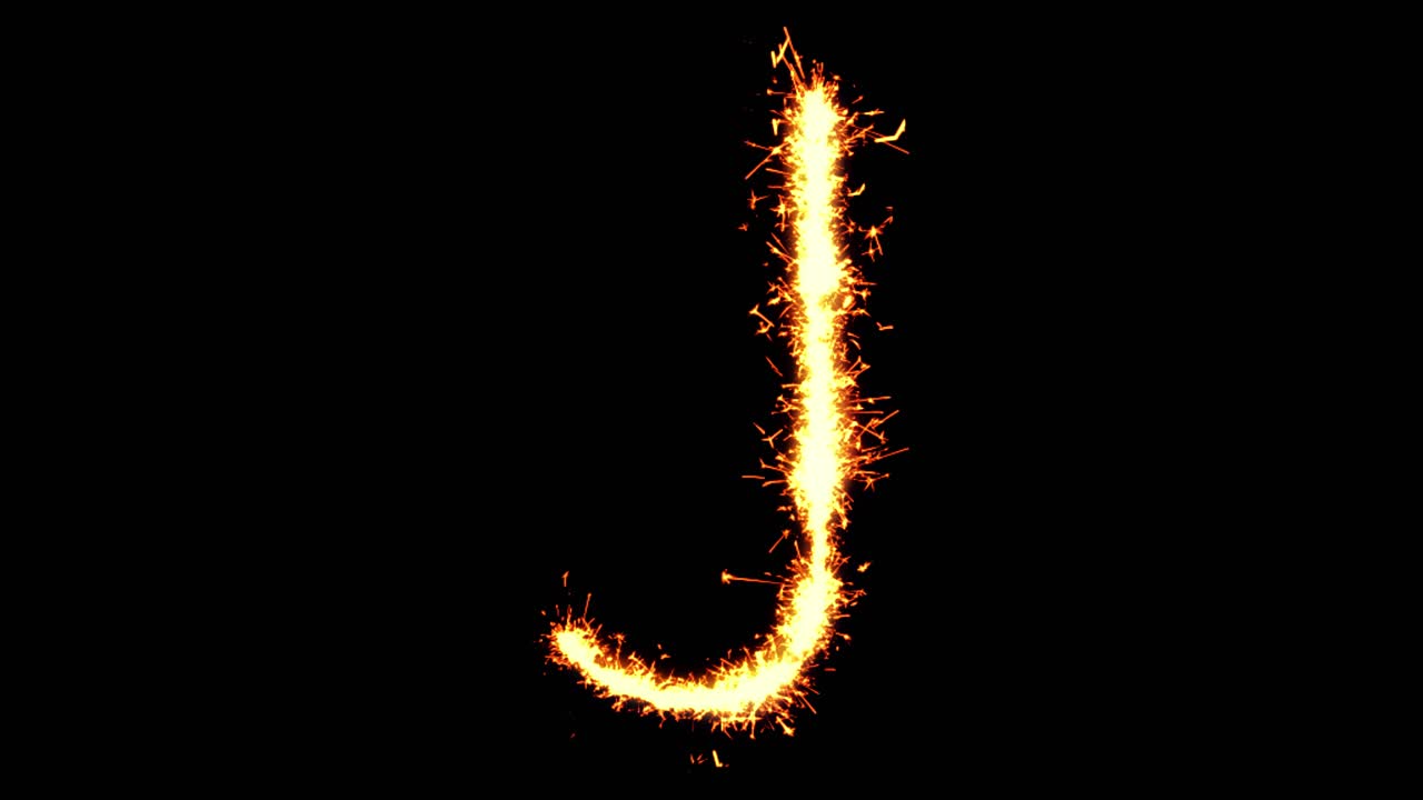 Alphabet j text sparkler writing with glitter sparks particles firework on black 4k loop background