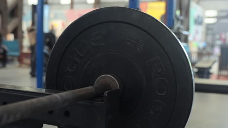 standing bent-over barbell row with overhand grip - man placing 15 kg weight plates on the barbell. - closeup shot