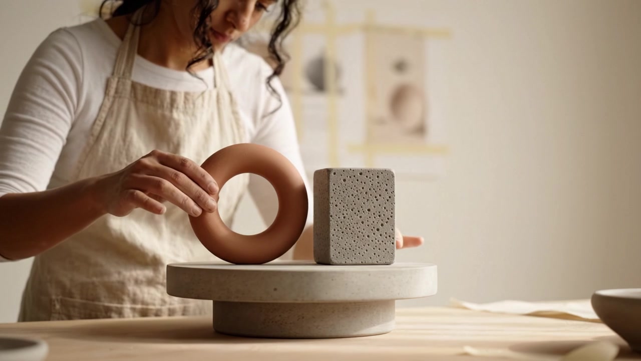 A Creative Artist Skillfully Assembles Unique Ceramic Sculptures, Balancing Shapes and Textures in a Serene and Minimalist Studio Environment