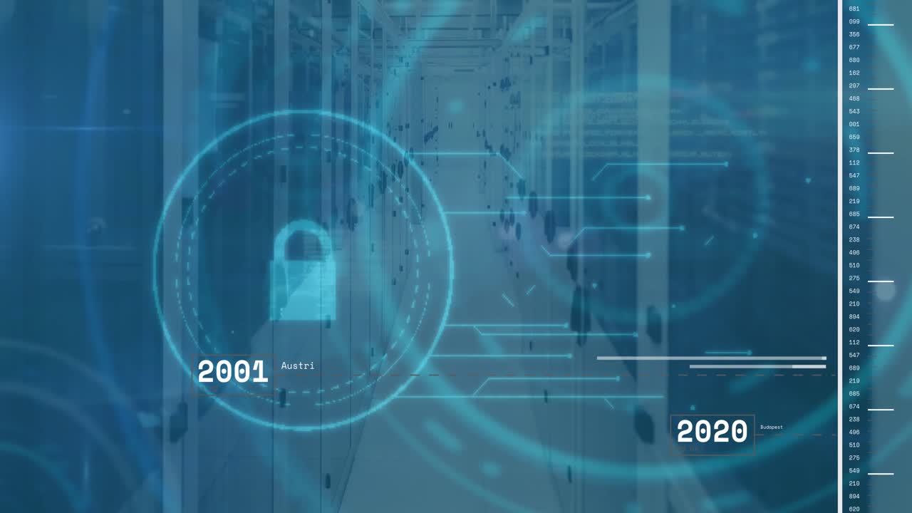 Animation of security padlock icon and data processing against computer server room