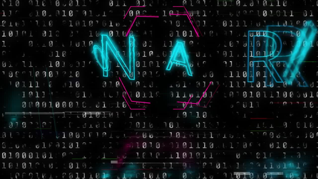 Streaming binary code starting glitches forming neon hexagon and ON AIR letters flickering signal
