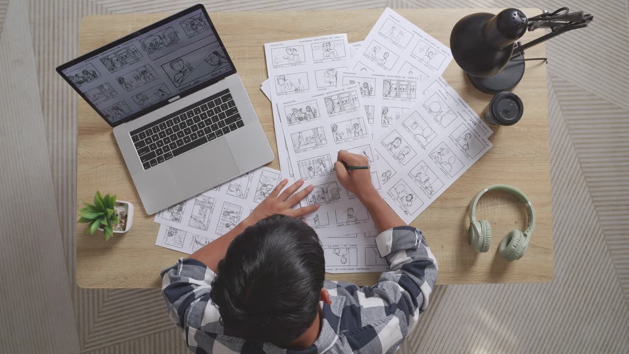 뷰 으로 촬영된 아시아 남성 아티스트가 스튜디오에서 노트북과 헤드폰을 들고 테이블 위에 영화 스토리보드 그림을 그리고 있습니다.