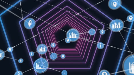 Netzwerk-Digitaler-Symbole-Vor-Violett-Leuchtendem-Sechseckigem-Tunnel-Auf-Schwarzem-Hintergrund