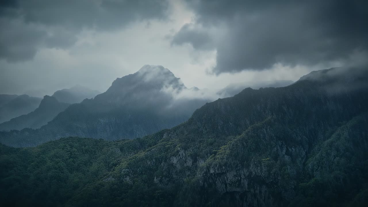 Heavy clouds shifting, rugged rocky peaks catching light, mist drifting over forested slopes