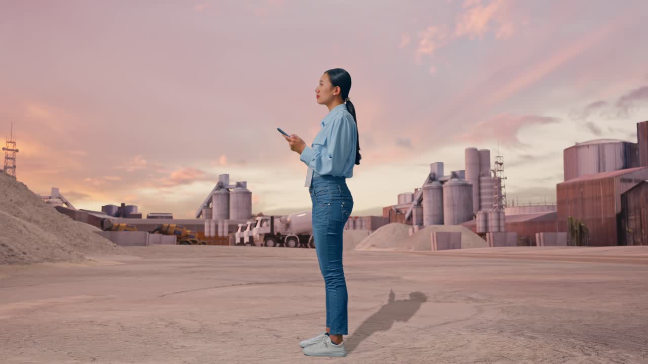 Gün batımında endüstriyel çimento fabrikasında telefonuyla duran Asyalı kadın işçinin, akıllı telefonuna odaklanmadan önce etrafına bakarak gözlem yaptığı tam vücut yandan görünümü.
