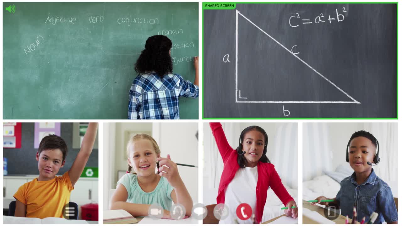 animación de seis pantallas de diversos niños, maestros y pizarras durante la lección de matemáticas en línea