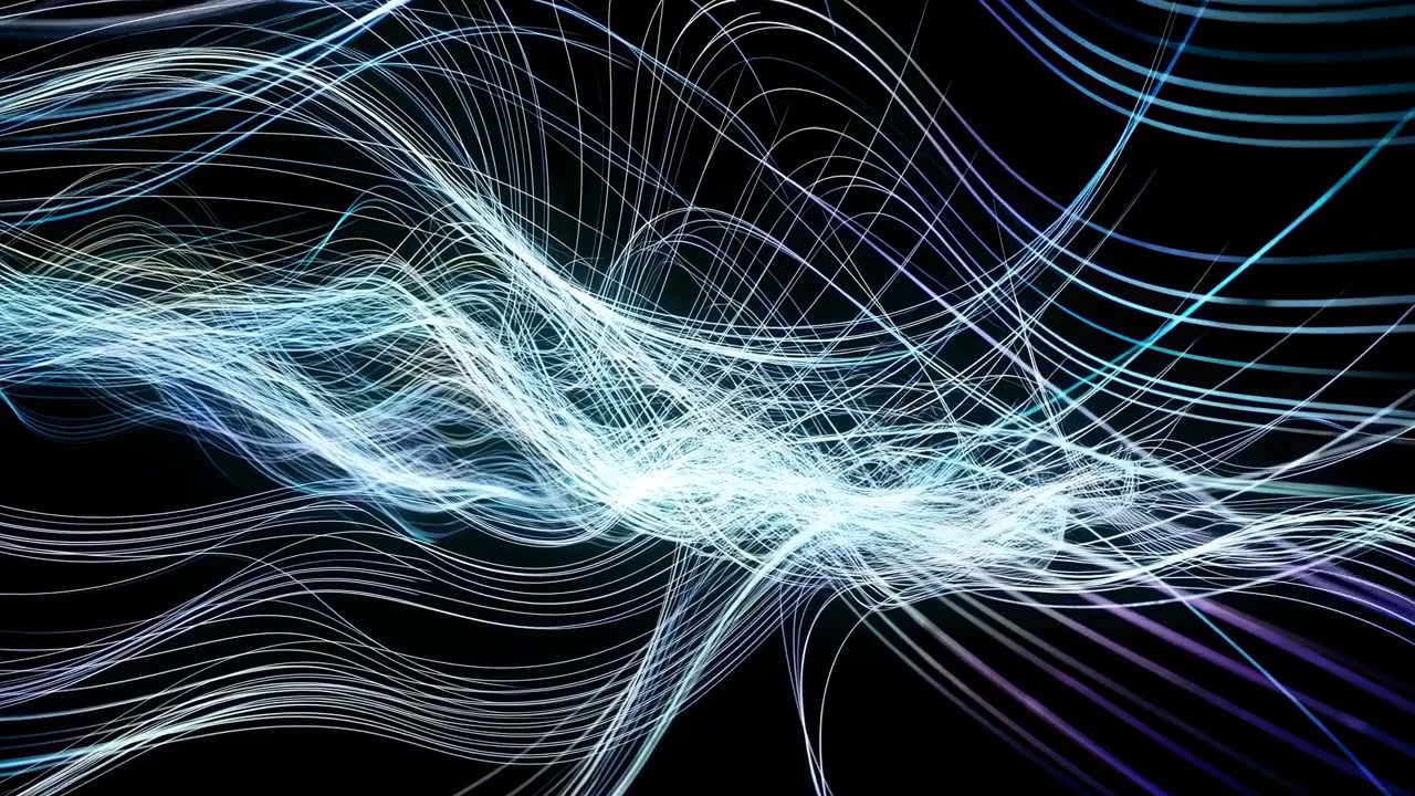 Luminous blue and white lines move through dark space, forming changing wave patterns with layered curves, soft glow, and high contrast composition while creating fluid abstract motion