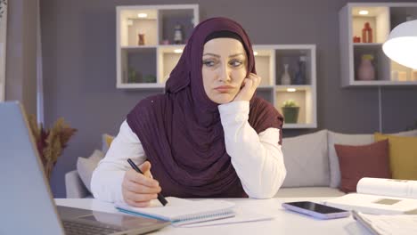 Business-woman-in-hijab-thoughtful-and-upset-about-business.