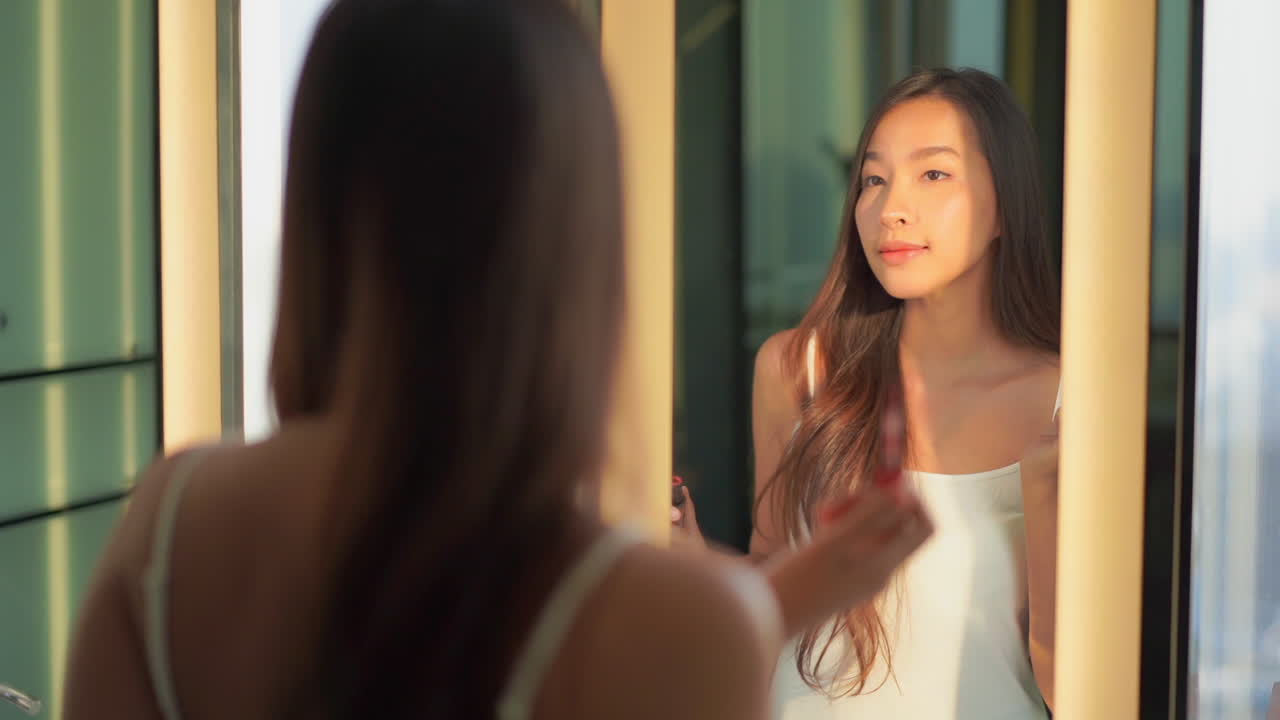 An attractive Asian woman applies lip gloss while looking in the mirror