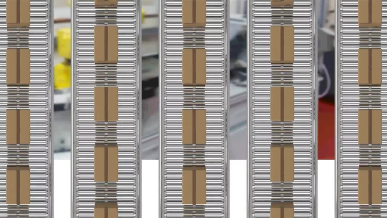 animación de cajas de cartón en cintas transportadoras en el almacén