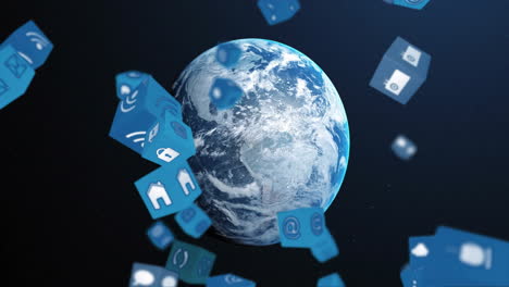 blue cubes with social media icons animation over rotating earth
