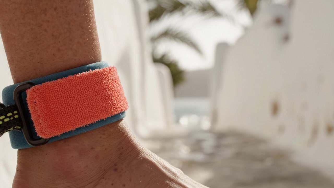 Nahaufnahme eines farbenfrohen Armbands auf einem sonnigen Weg am Wasser, das das Gefühl von Sommerabenteuern und Entspannung in malerischer Umgebung einfängt.
