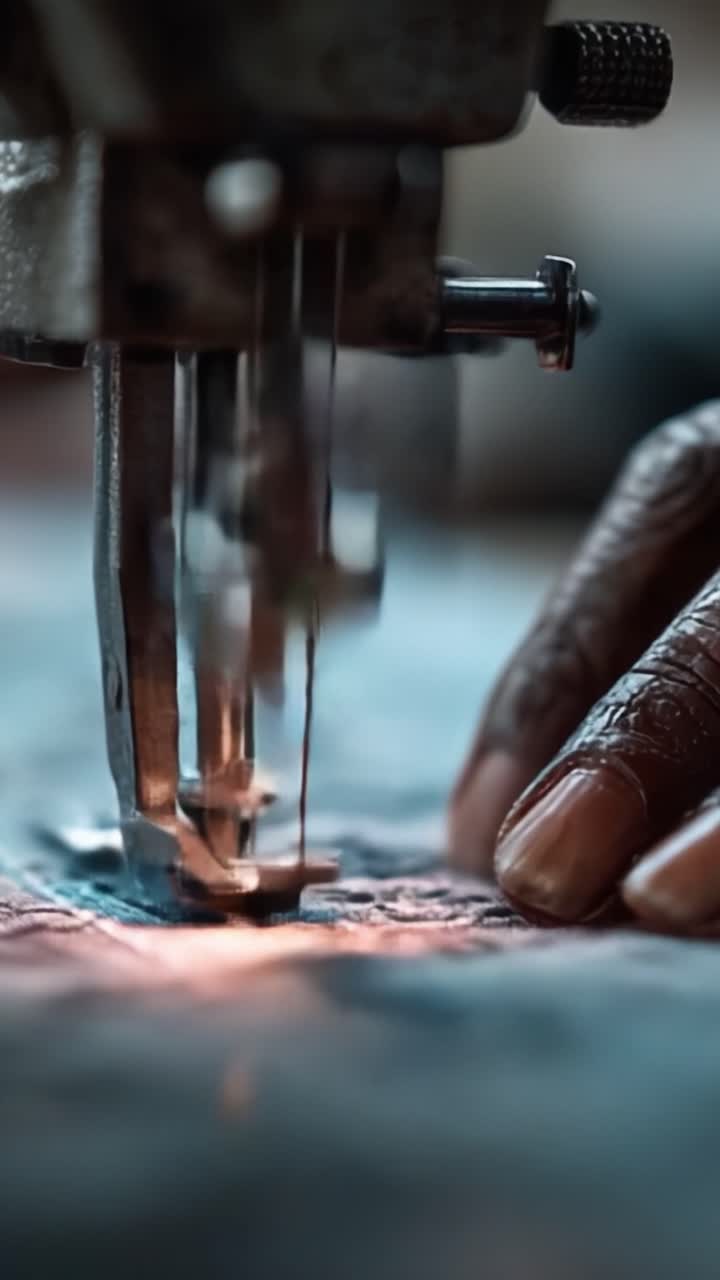 Close-Up de uma Mão Operando uma Máquina de Costura, Apresentando o Ofício Intrincado do Trabalho Têxtil e a Arte da Costura em Andamento.