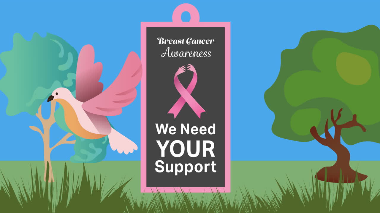 나무와 새 위에 분홍색 리본 로고와 유방암 텍스트의 애니메이션