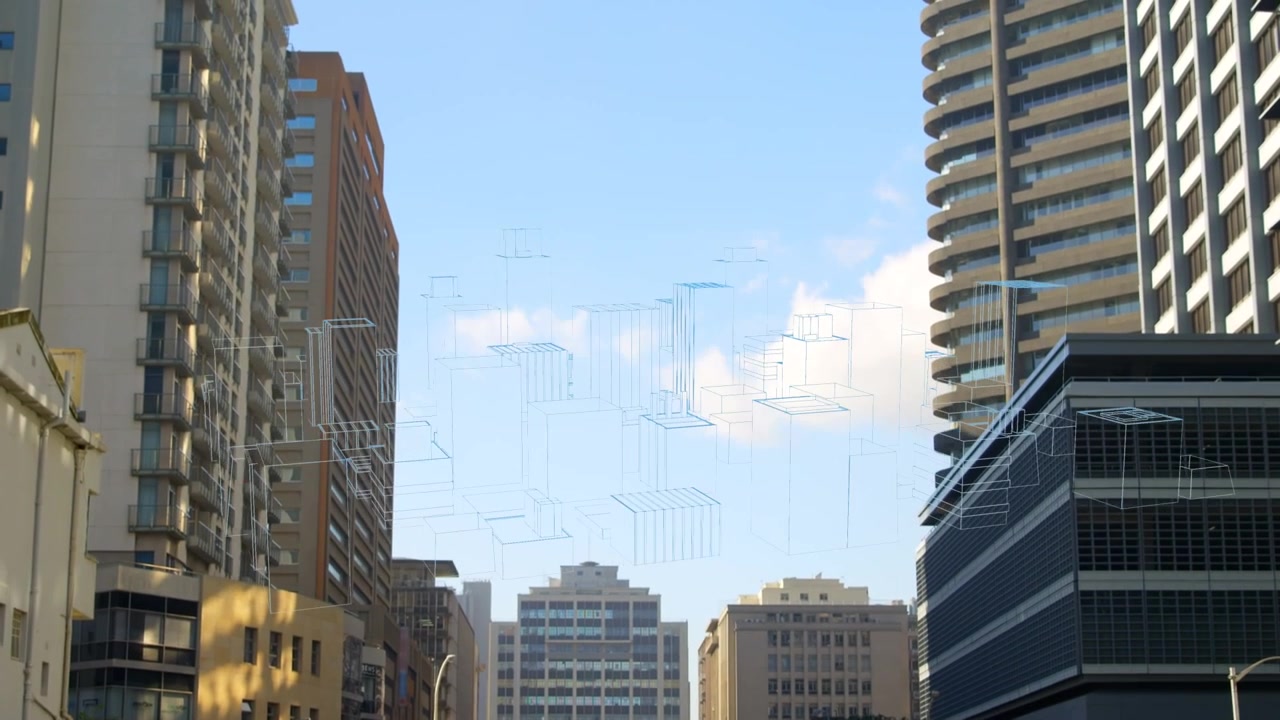 Animación de un modelo de ciudad digital sobre un paisaje urbano
