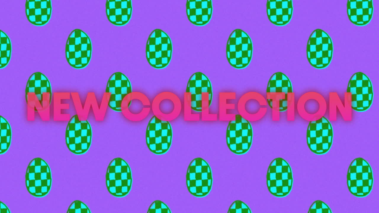 Animation of green checkered eggs on purple background with New Collection text